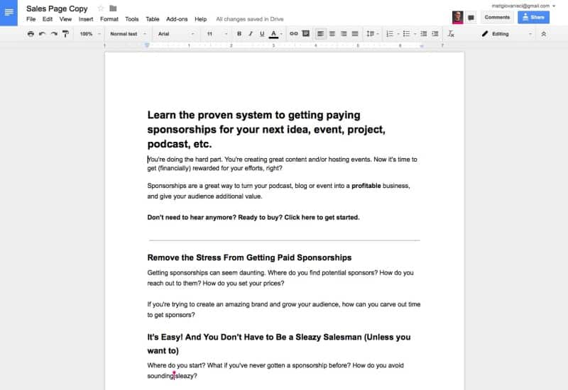 Google Doc Sales Page Copy