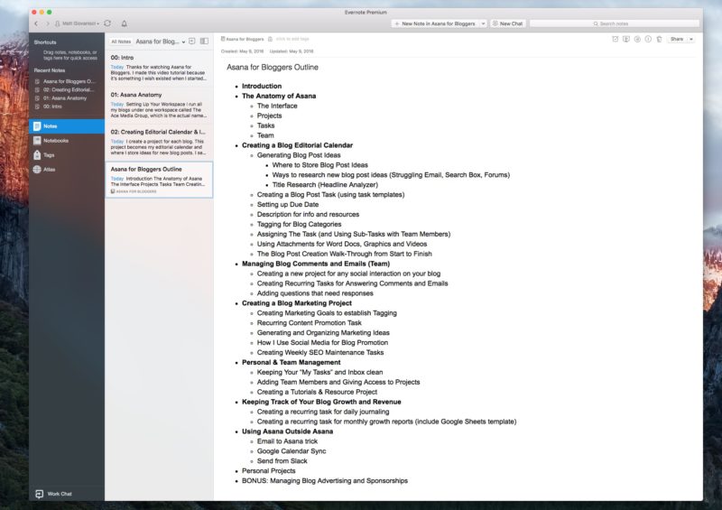 Asana For Bloggers Course Outline in Evernote