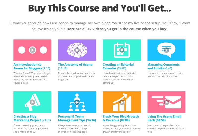 Asana for Bloggers visual course breakdown on sales page