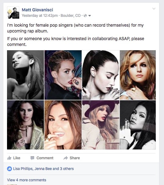 Facebook Post Looking For a Female Pop Singer