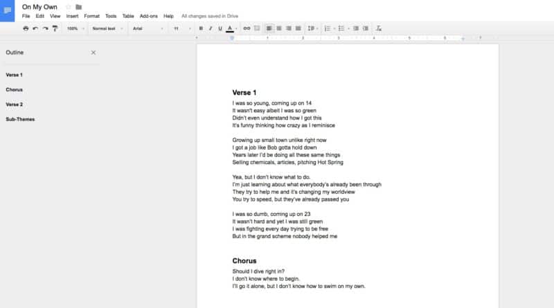 Google Doc Screenshot of Lyric Writing