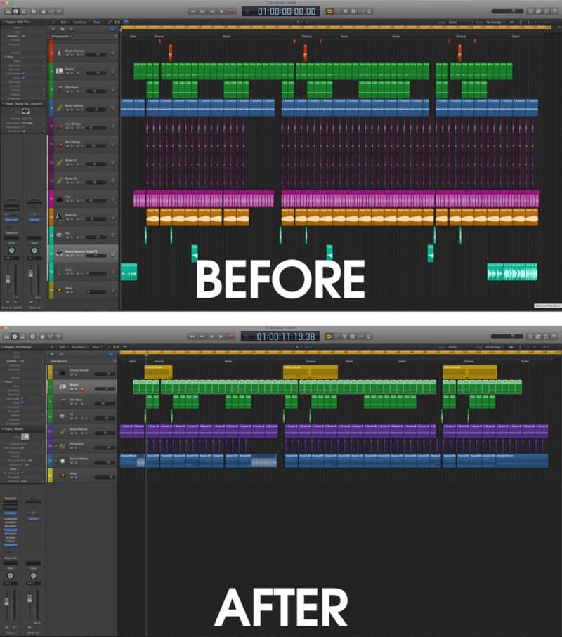 Before and After Track Stack in Logic Pro X