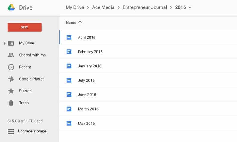 Google Drive Entrepreneur Journal