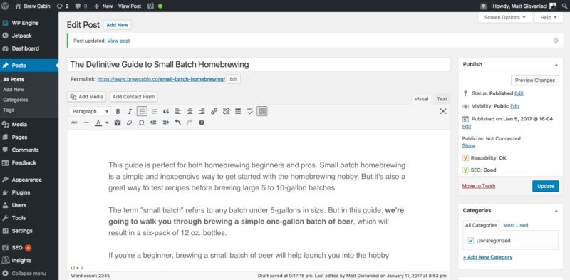 First Article in WordPress for Brew Cabin