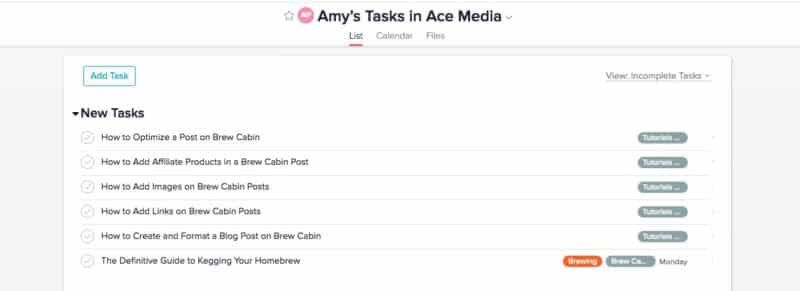 Amy's Tasks in Asana