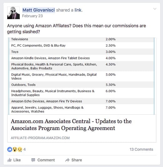 Facebook Post about Amazon Affiliates