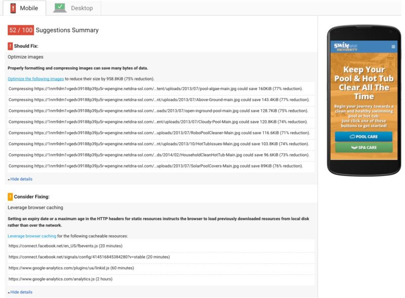 Pagespeed Insights for SwimU after optimization