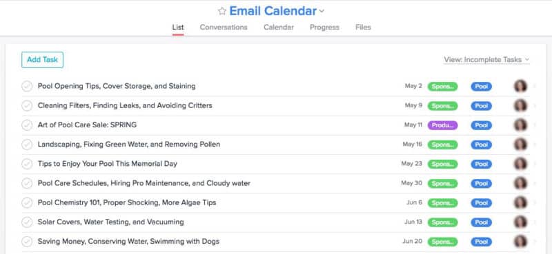 Email editorial calendar in Asana