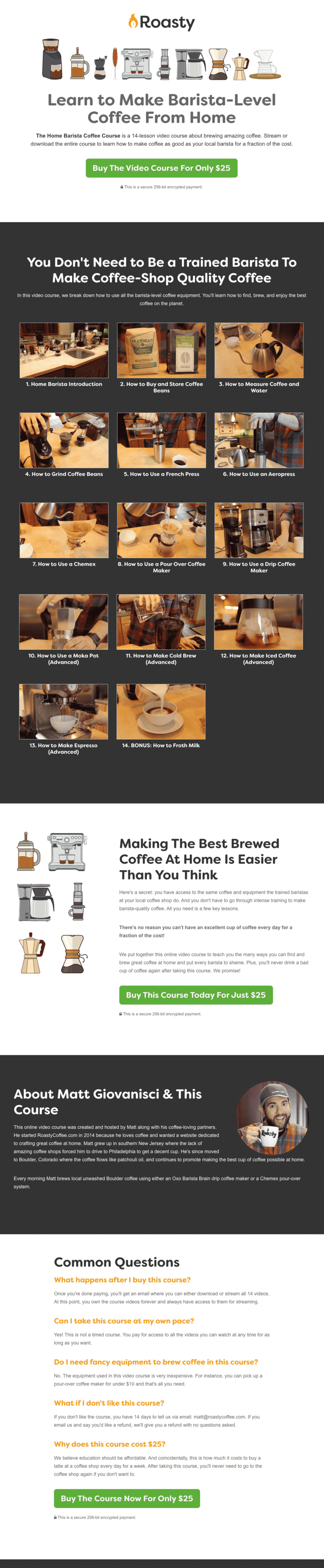 Roasty Home Barista Course Sales Page