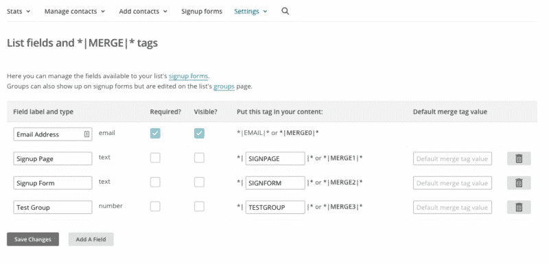 MailChimp Custom List Fields