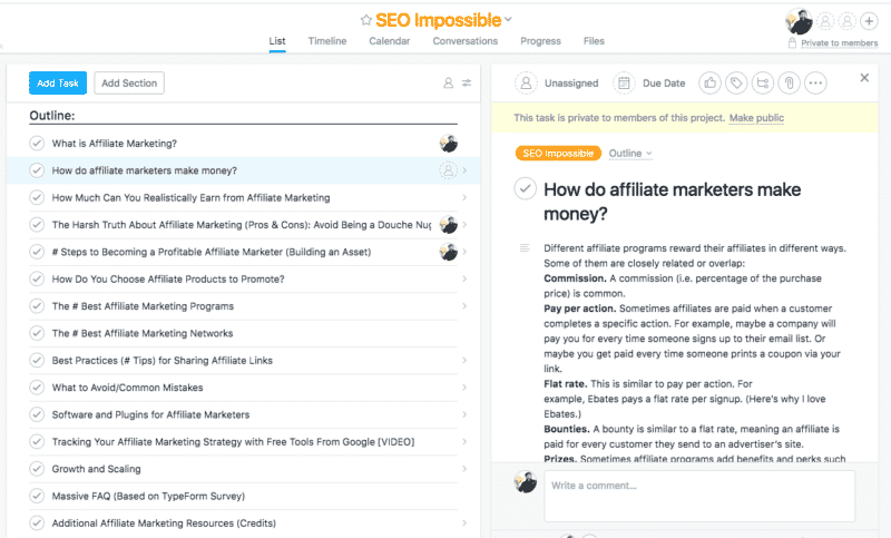 SEO Impossible Asana Outline