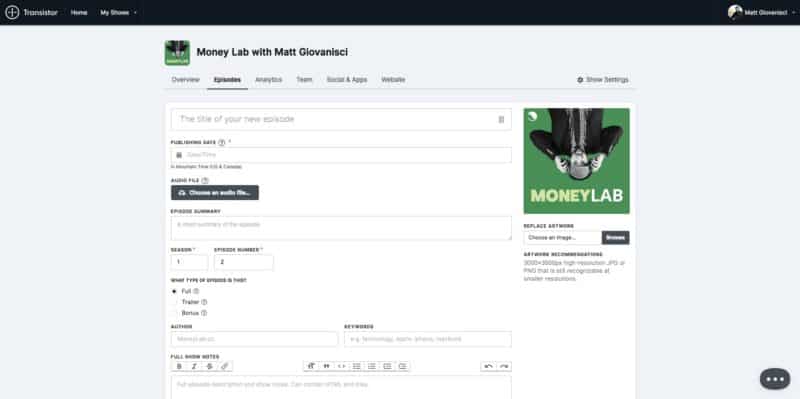 Transistor.fm Add Episode Screen