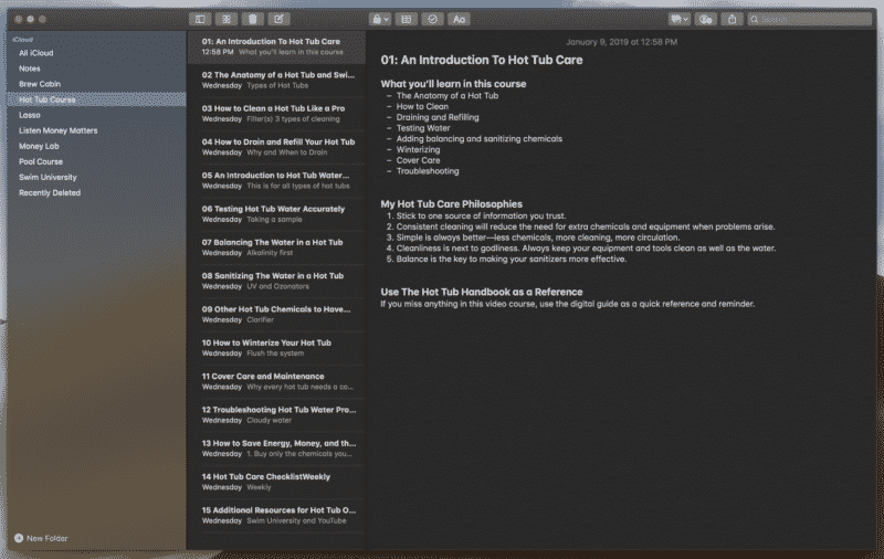 Hot Tub Care Video Course Outline in Apple Notes