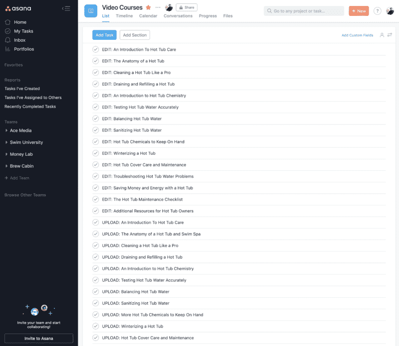 The completed tasks in Asana for building The Hot Tub Care Video Course.