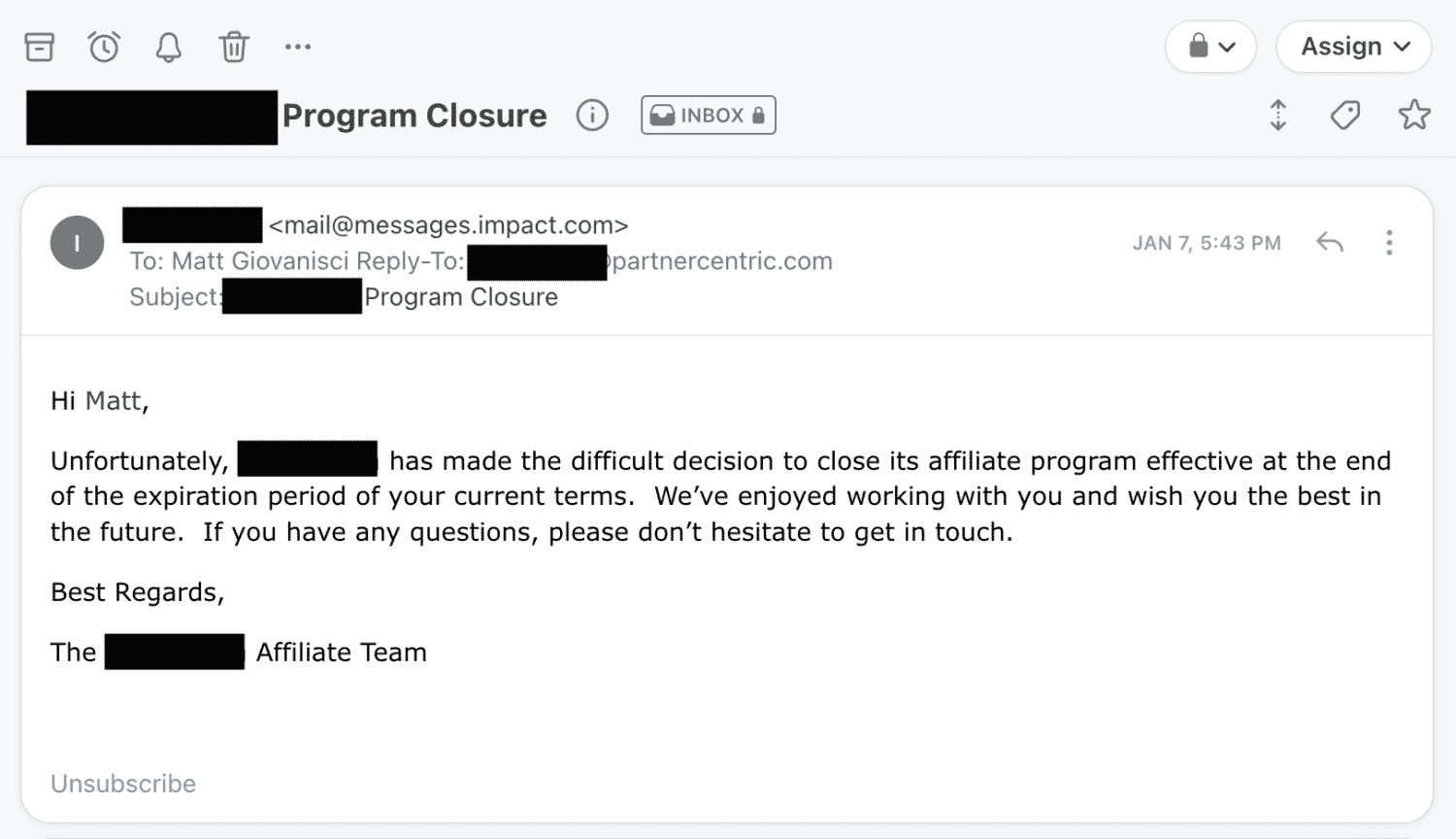 Affiliate Program Closure Email