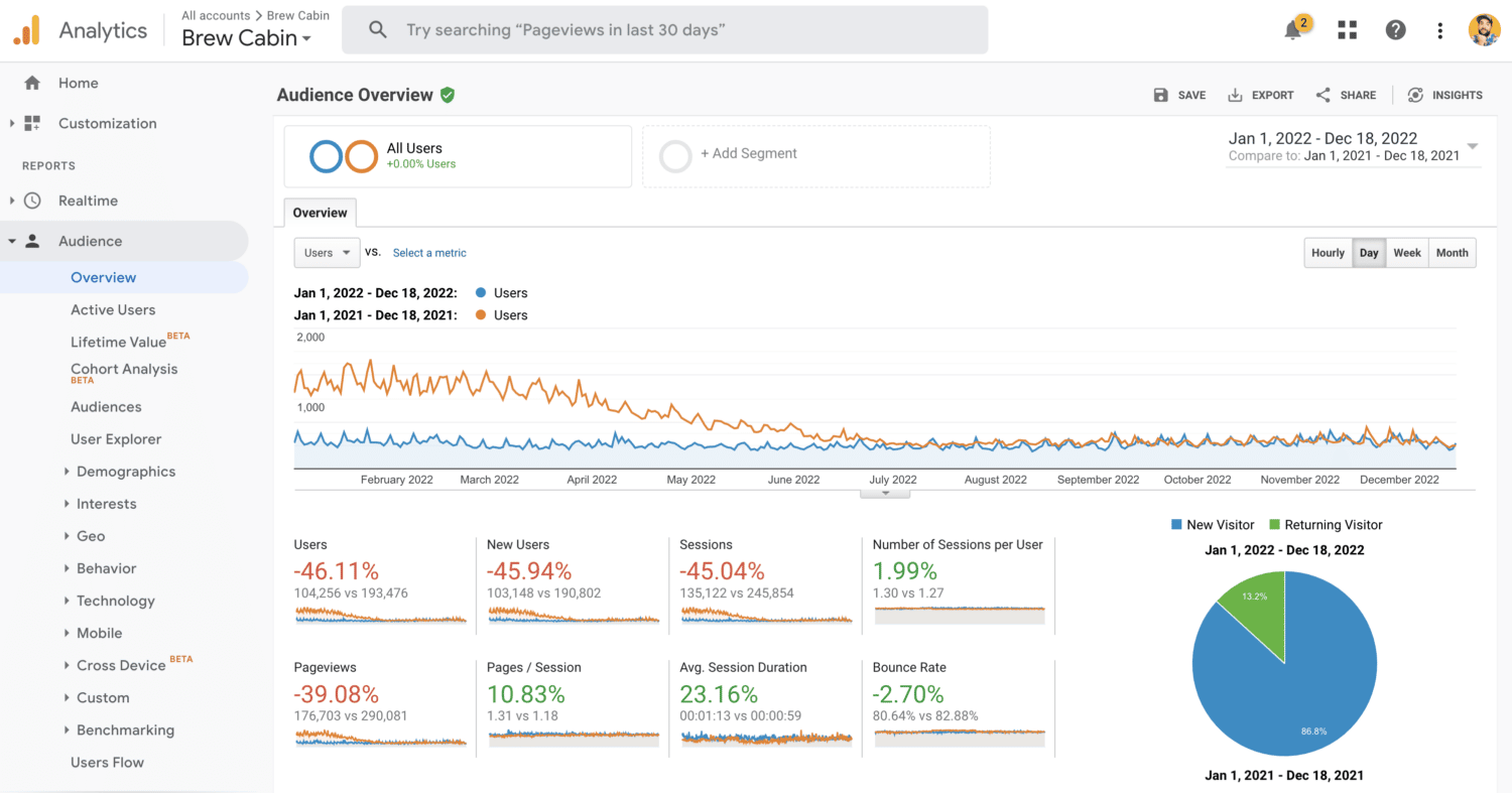 Brew Cabin 2022 Google Analytics