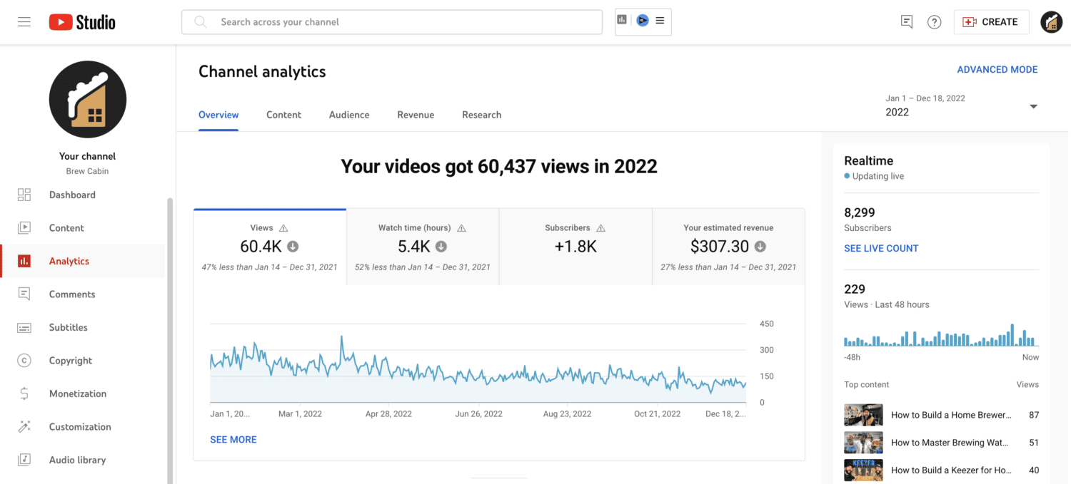 Brew Cabin YouTube Channel Analytics 2022