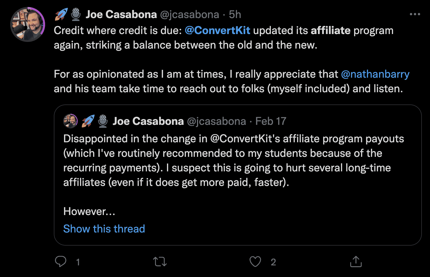 Joe Casabona ConvertKit Affiliate Change Tweet