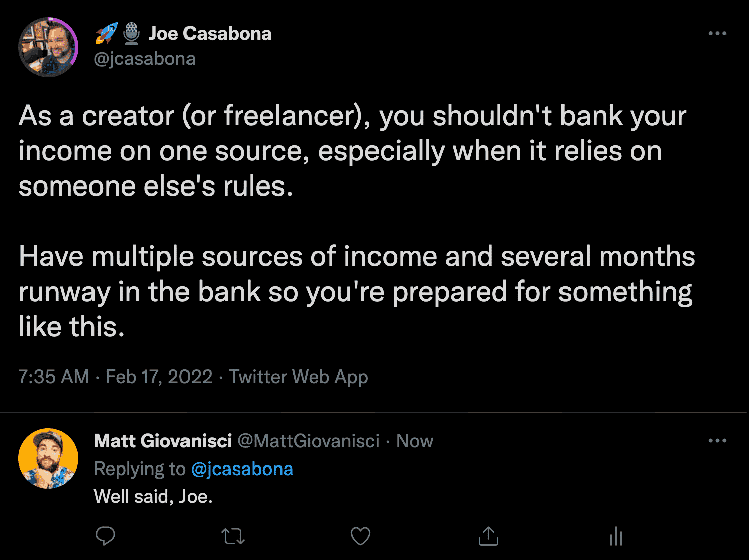 Joe Casabona Tweet About Creators and Affiliates