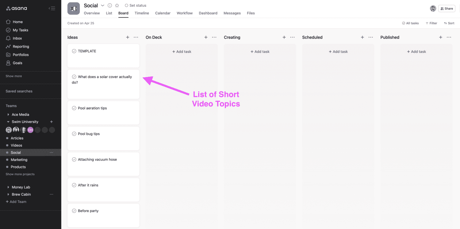 List of Short Video Topics in Asana