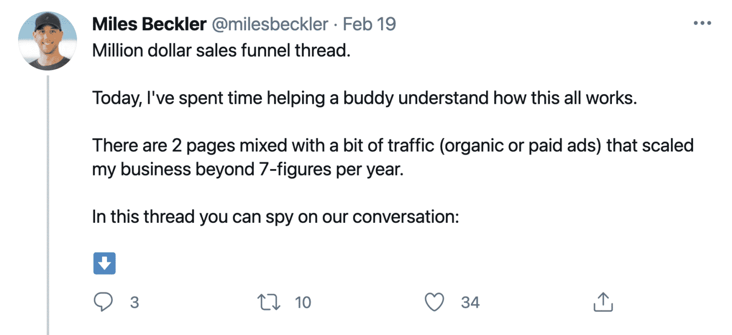 Million Dollar Sales Funnel Twitter Thread by Miles Beckler