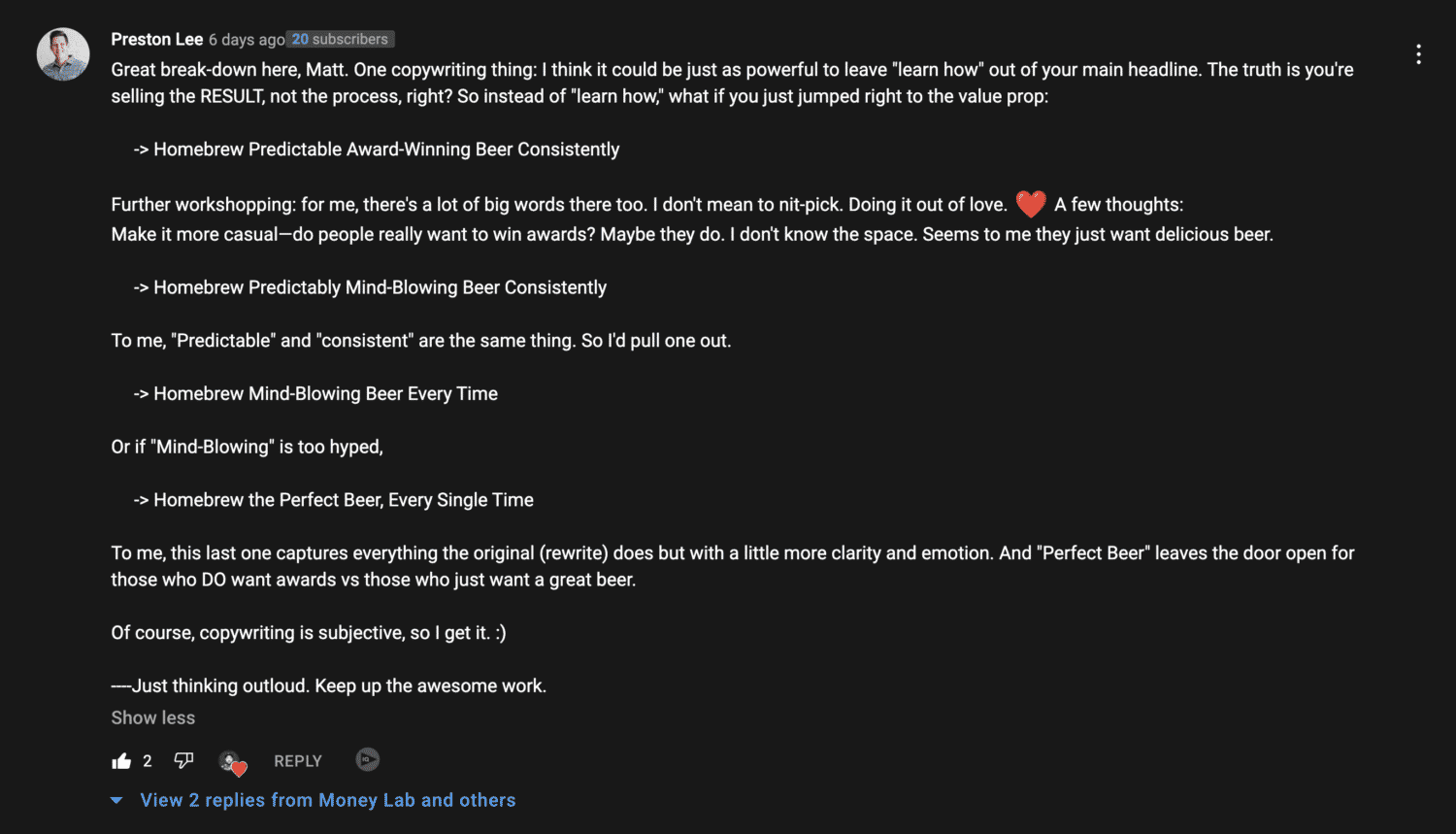 YouTube Comment on Brew Cabin Sales Page