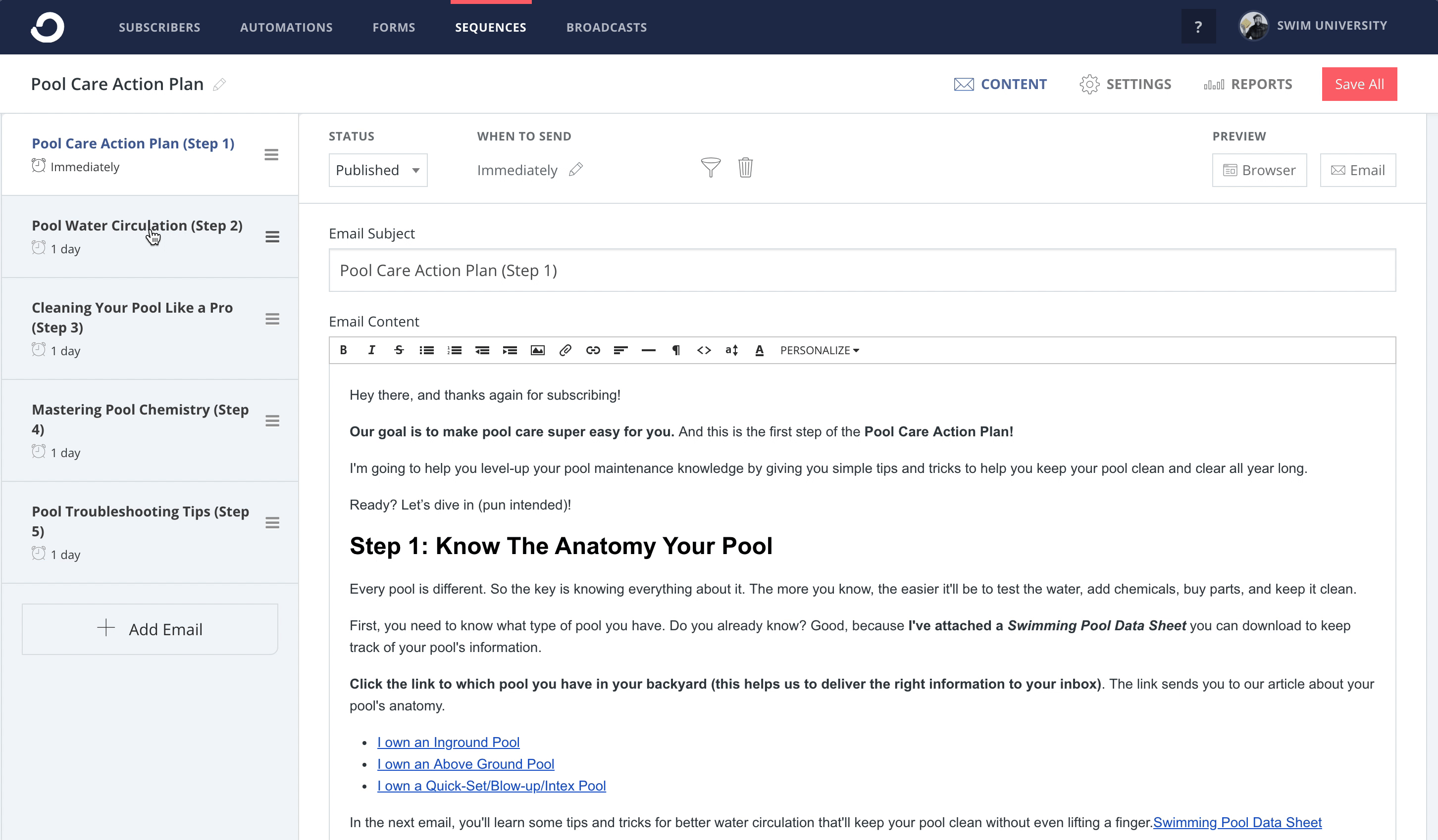 Pool Care Action Plan Email Sequence in ConvertKit